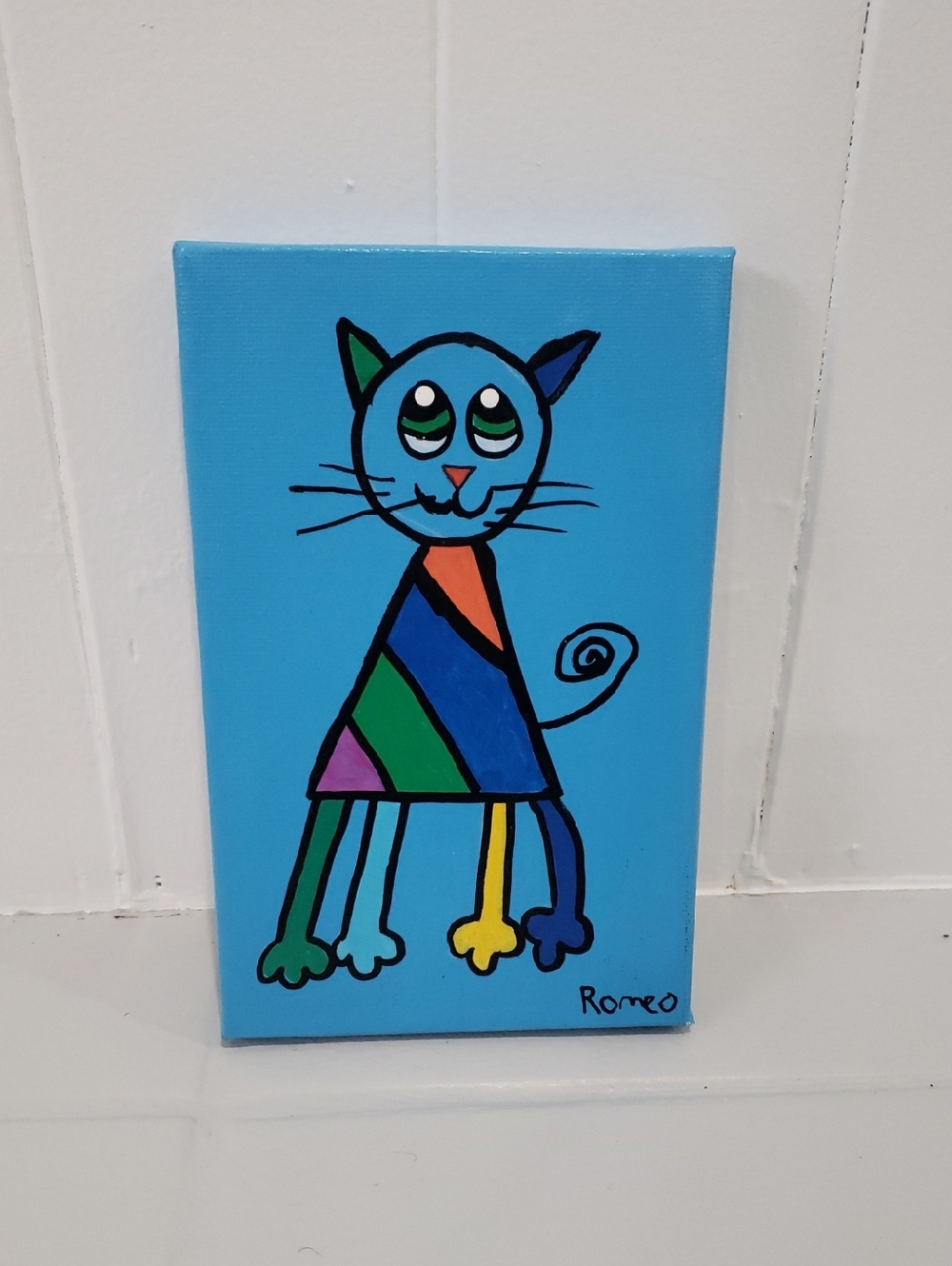 Cat Painting By Young Artist Romeo 9 1/2 Years Old bright Colors "7 1/2 × 4 1/2"